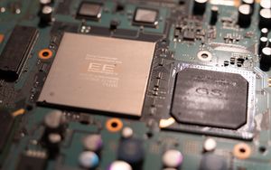 A close-up of the PS2 Emotion Engine chip
